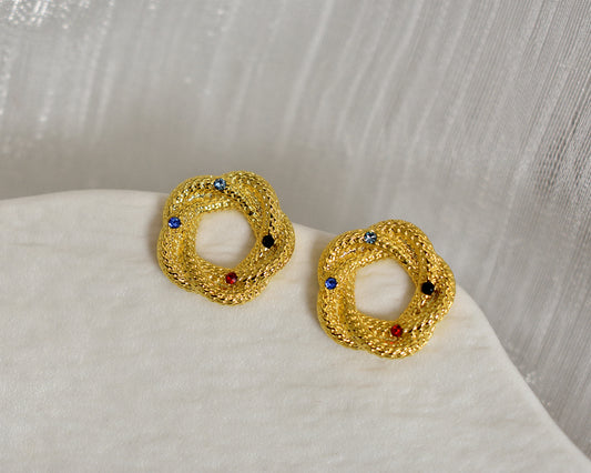 Vintage 18K gold-plated floral rhinestone earrings, European style